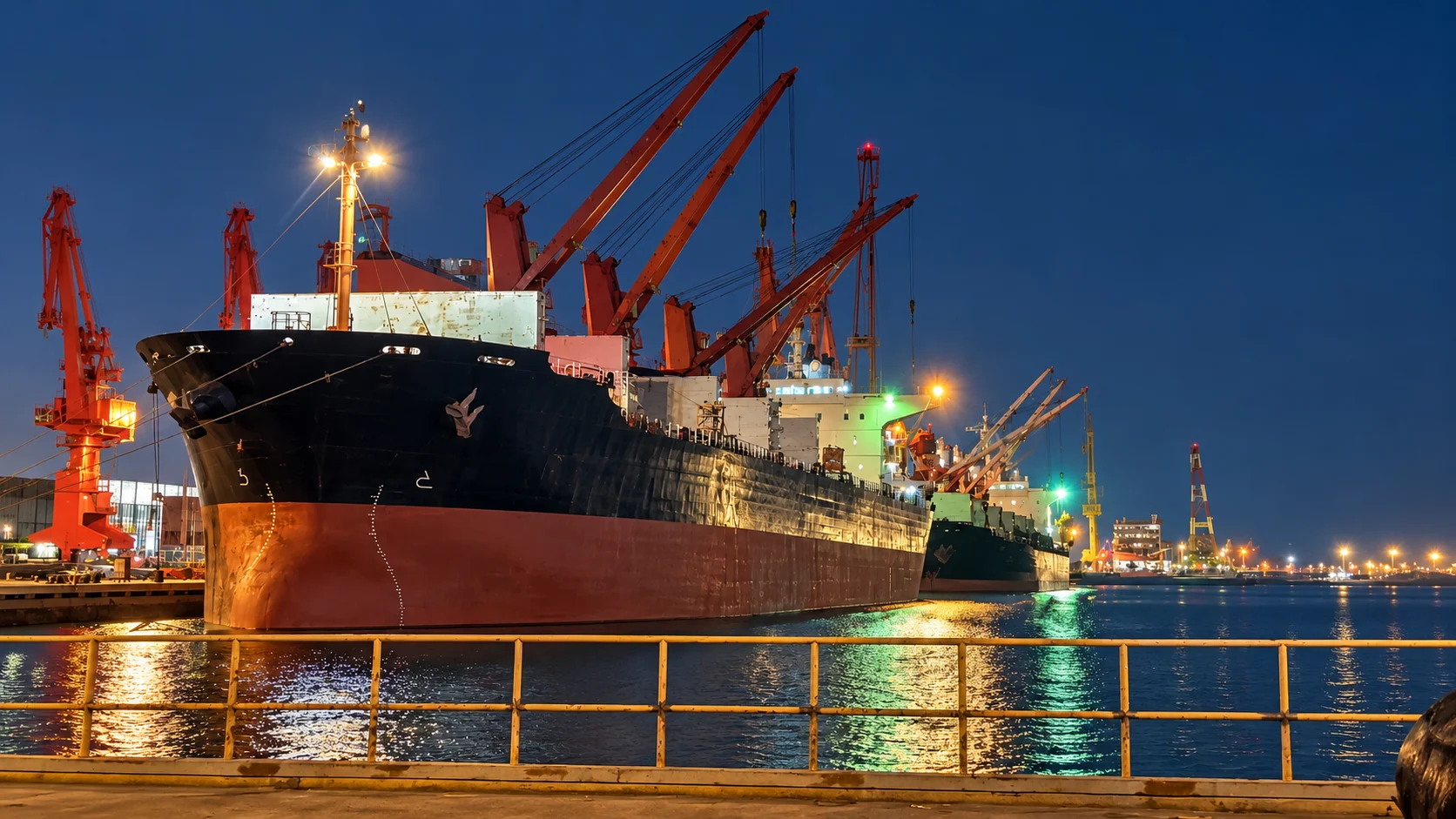 Cargo ships at the port at night