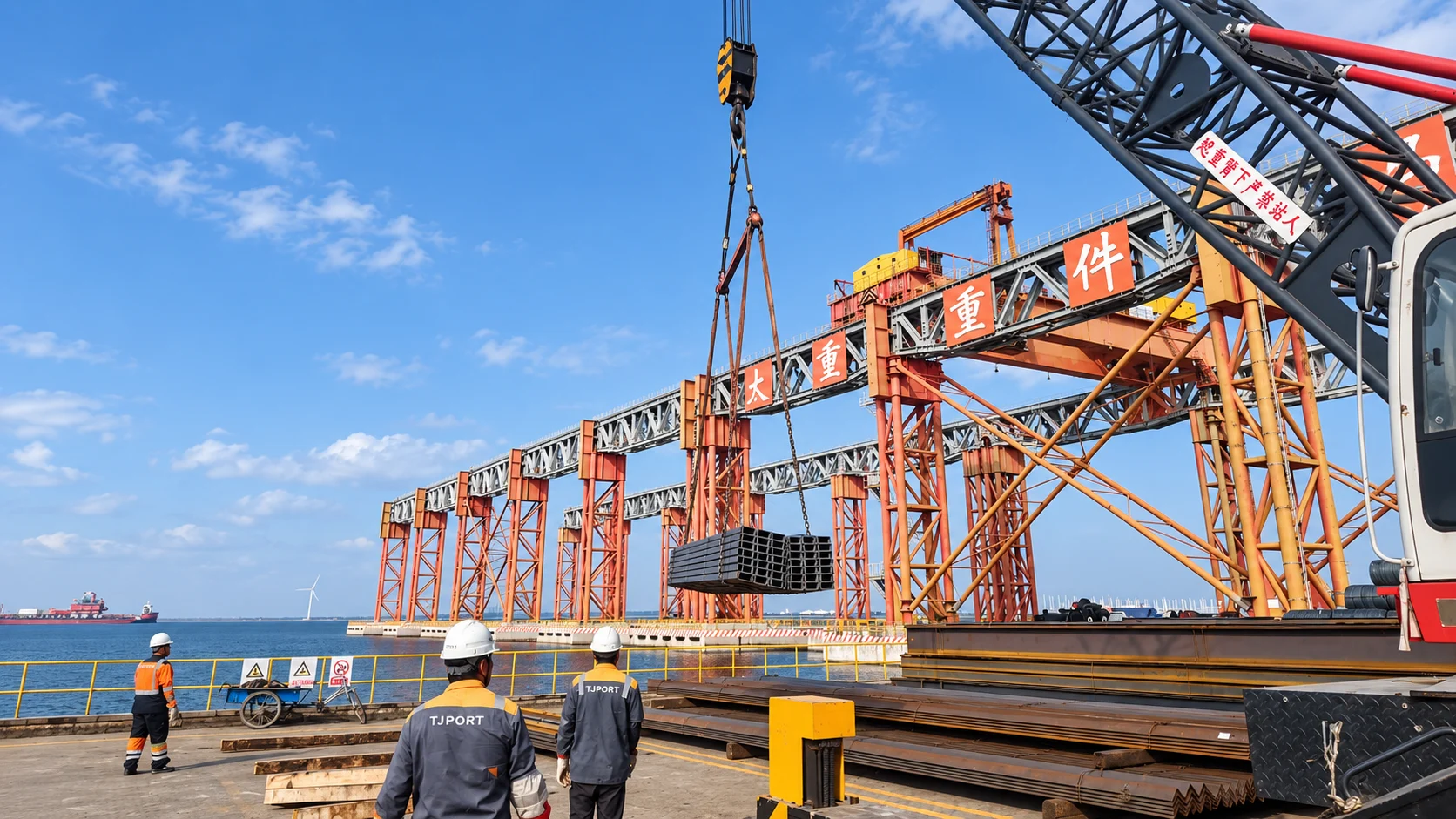 Port crane loading steel beams