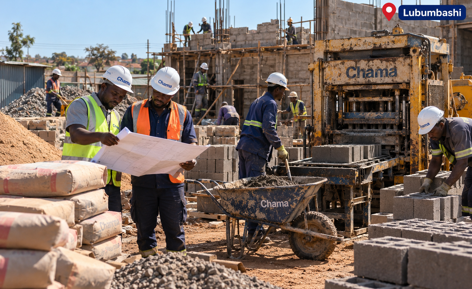 CHAMA team coordinating materials and concrete block production in Lubumbashi