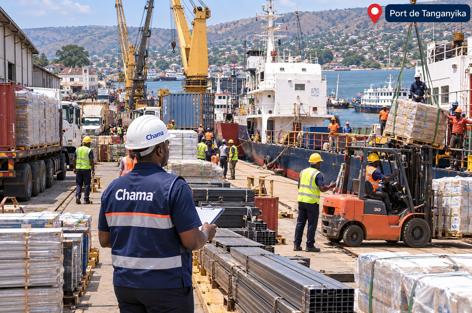 CHAMA team supervising building materials beside a cargo vessel at Port de Tanganyika