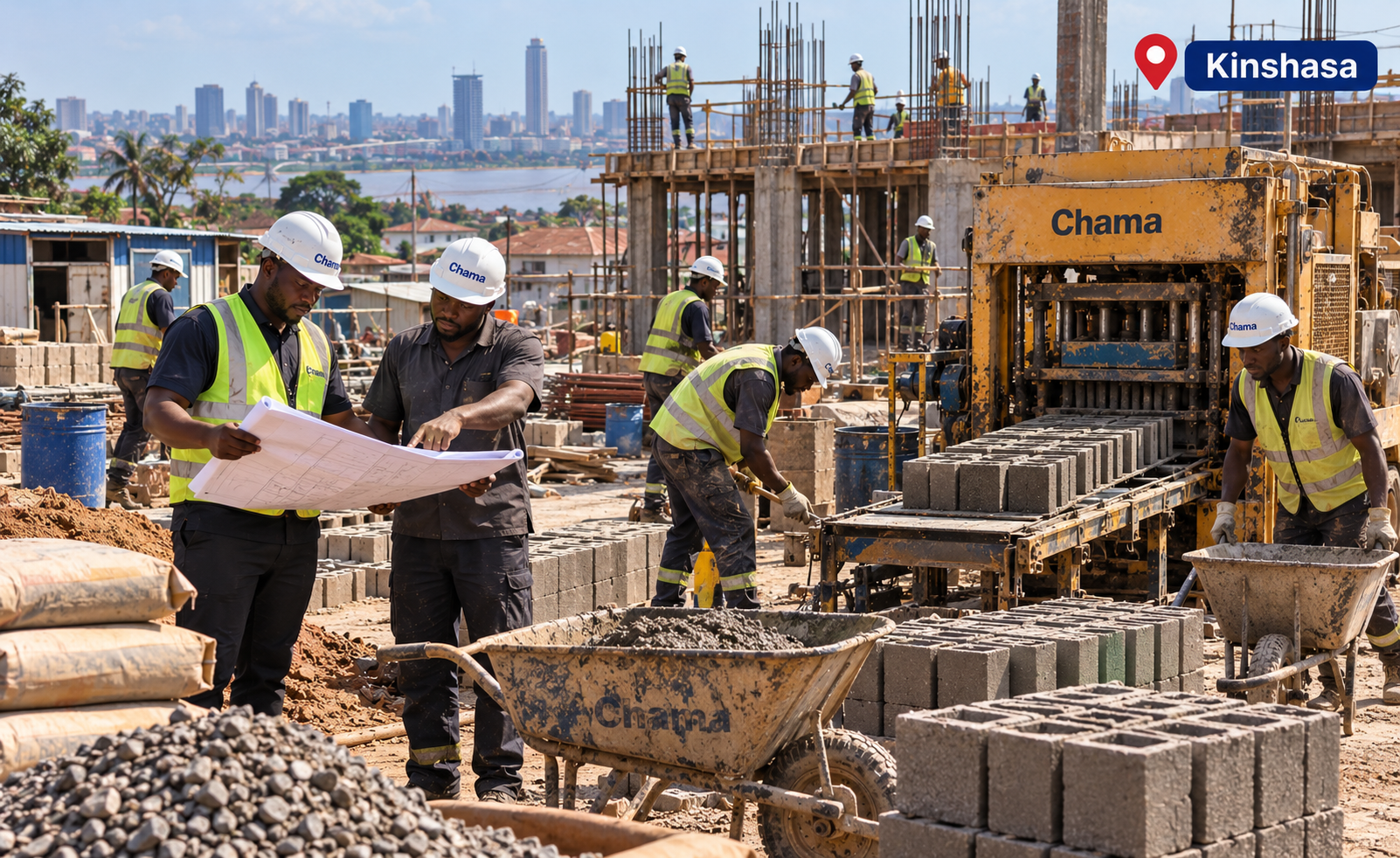 CHAMA team reviewing plans and producing concrete blocks at a Kinshasa construction site