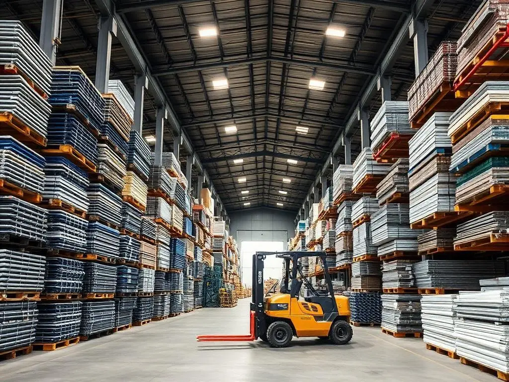 CHAMA warehouse with stacked pallets of building materials and a forklift